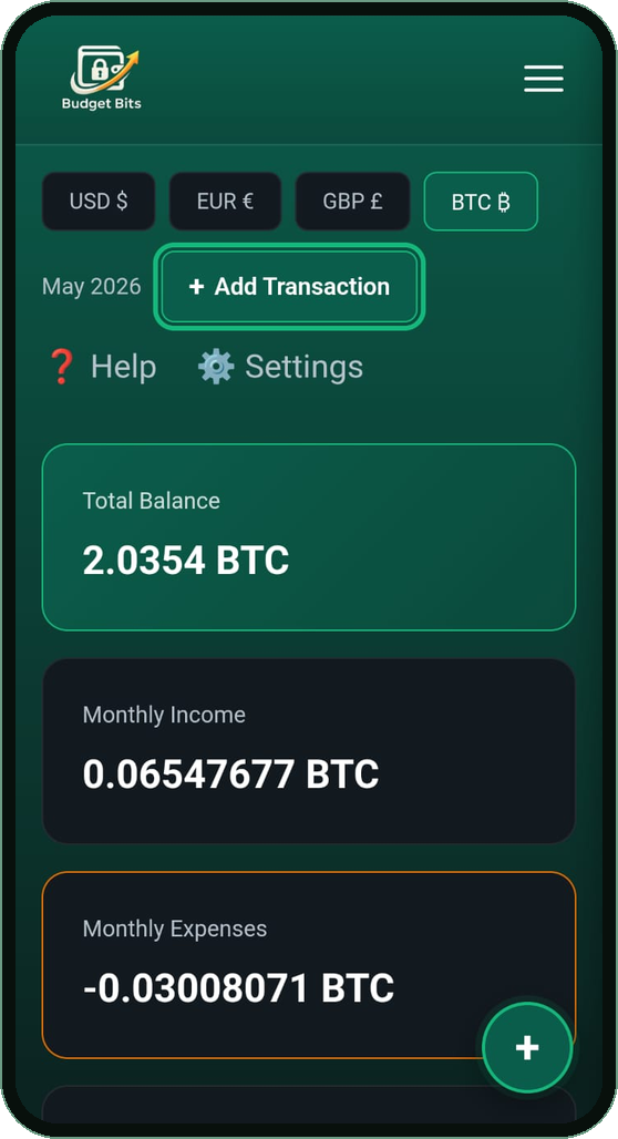 BudgetBits dashboard showing balances in Bitcoin
