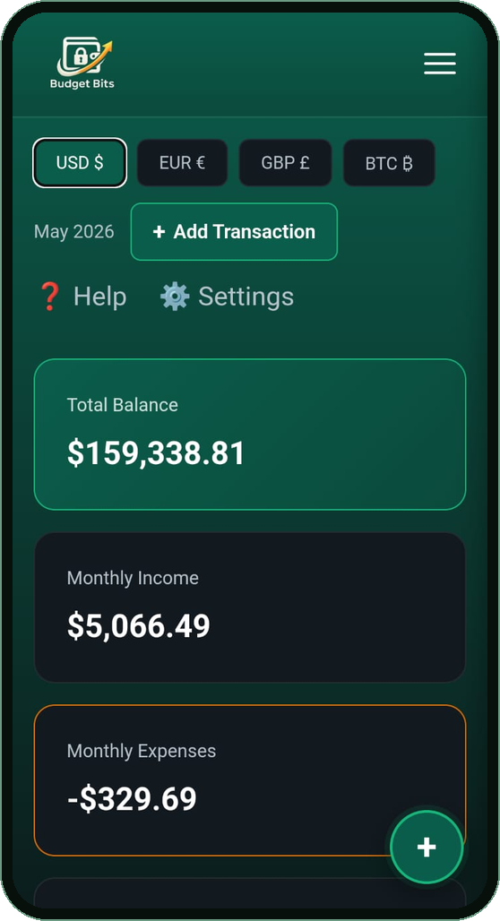 BudgetBits dashboard showing balances in US dollars
